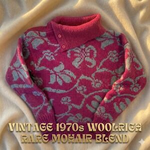 VTG 1970s Woolrich Woman Floral Wool‎ Mohair Sweater Button Neck Pink S HK